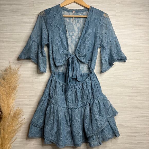 Free People mini dress floral lace cutout ruffled tiered sheer mesh boho Small - Picture 5 of 10